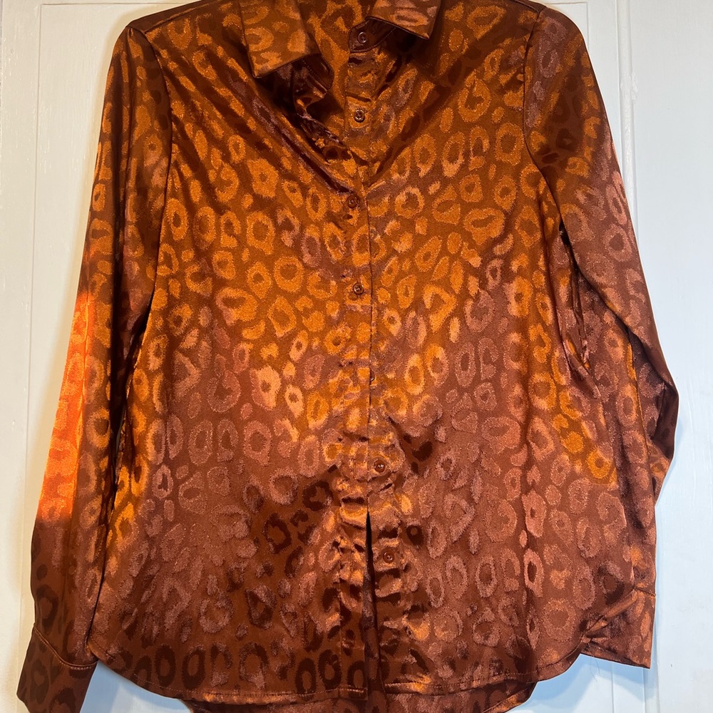 SHEIN Leopard Copper Satin Blouse Small